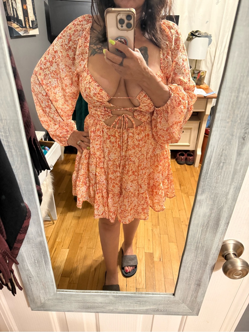 Sky to Moon L Women's Orange Floral Tie-Front Mini Dress
